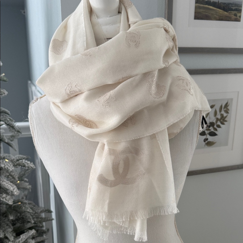 Chanel Ivory Scarf with Iconic Motif
